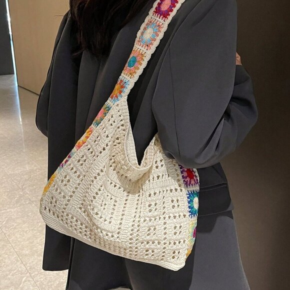 Beige Vacation Women's Contrast Color Floral Hollow Out Knitted Shoulder Bag - Picture 4 of 6